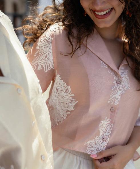 Lapel Pink Detailed Embroidered Top